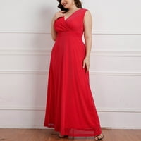 Смихоно Клиренс Големи Замав Долги Фустани За Жени Жени Преголеми Модни Секси Летни Без Ракави V-Вратот Еднобојна Плус Големина Женска Облека Црвена XL