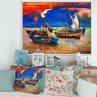 DesignArt 'Бродови на вода со темно сино небо i' езерото куќа врамена платно wallидна уметност печатење