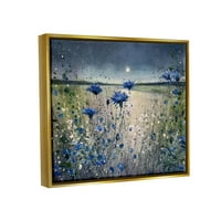 Цветање сини цвеќиња ноќно месечина пејзаж сликарство металик злато врамено уметничко печатење wallид уметност
