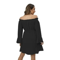 Хмаркс Жените Се Облекуваат Рамо Дами Фустан Долг Ракав Фустан Со Поставата И Појас Црна XL