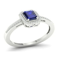 Империјал скапоцен камен 10К бело злато смарагд скратено сино сафир КТ два дијамантски ореол женски прстен