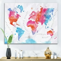 Светска мапа во сино и розово сликарско платно уметничко печатење