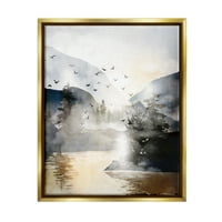СТУПЕЛ летачки птици планински езеро поглед на пејзаж сликање злато пловиј врамен уметнички печатен wallид уметност