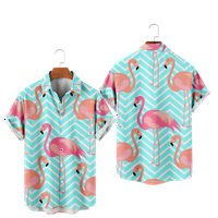 Сини Фламинго Кошули за Мажи 3д Печатена Машка Хавајска Кошула Плажа Модни Блузи Со Кратки Ракави Маици Мажи, Е-М