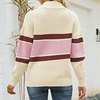 Женски Џемпер Со Пуловер Со Висока Јака Плетена Мода Блокирање На Бои Со Пруги Плетен Џемпер Со Патент Со Долги Ракави За Жени