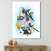 Две титули птици кои седат во близина на гнездото со јајца и бели цвеќиња II сликање платно уметничко печатење