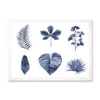 DesignArt 'Апстрактниот сет на растителни лисја сини' Традиционално врамен уметнички принт