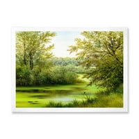 Пролетни дрвја со зелено езерце, врамена слика за сликање на платно, уметнички принт