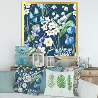 Сини и бели пролетни цвеќиња на темно сино врамена слика за платно уметничко печатење
