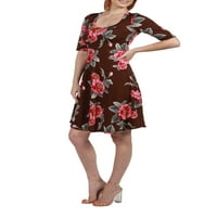 Женска гема кафеава цветна цветност и фларен мини фустан