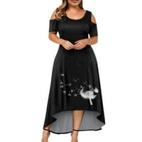 Женска Голема Големина Моден Принт Со Кратки Ракави Тркалезен Врат Неправилен Фустан Со Полите Црн XL