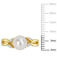 Miabellaен женски бел тркалезен бел круг слатководен бисер дијамантски акцент 10kt жолто злато поделен прстен