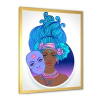 DesignArt 'Портрет на афро -американска девојка со сина коса II' модерен врамен уметнички принт