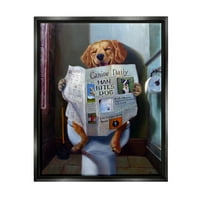 Куче од ступел индустрии читајќи го весникот на тоалет Смешно сликарство џет -црно врамено лебдечко платно wallидна уметност, 24х30