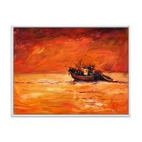 DesignArt 'Риболов брод за време на црвениот вечерен сјај' Наутички и крајбрежен врамен платно wallид уметност печатење