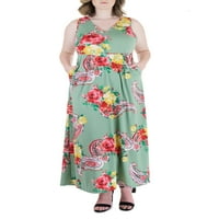 24 -тина облека за удобност, женски плус големина, цветни ракави без ракави v врат џеб макси фустан