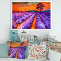 Дизајнрт „Портокалово зајдисонце над виолетовите полиња со лаванда I 'Фарма куќа врамена уметност печатење