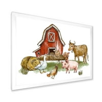 DesignArt 'Фарма куќа со гуска крава свиња пилешко и сено' рустикално врамен уметнички принт