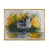 DesignArt 'Замок со есенски дрвја од езерото' Lake House Рамка за печатење на wallидови од платно