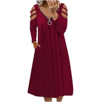 Есенски Фустани За Жени Елегантен Фустан Протекување Шупливо Рамо Со Џебен Фустан ВИНО XL