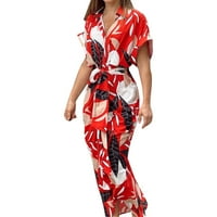 Дами Пролет И Лето Мода Печатење Ревер Висок Струк Краток Ракав Еден Долг Фустан