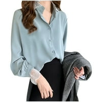 Плус Големина Блузи За Жени V - Вратот Блуза Пуловер Цврст Долг Ракав Зелена 2xl