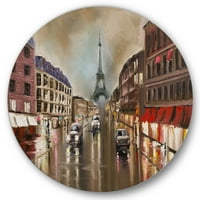 DesignArt 'Тивка дождовна улица во сивата Ајфелова кула во Париз Традиционална метална wallидна уметност - диск од 29