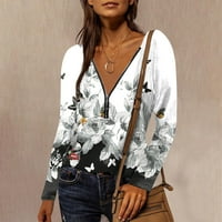 Блуза За женски кошули Обични Лабави Кошули Печатење Со Долги Ракави V Вратот Патент Маици Маици Маици Пуловер Врвови
