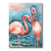Пинк фламинго Loveубовни птици во сина вода I сликање платно уметнички принт