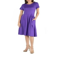 Облека за удобност женски миди фустан со кратки ракави и детали за џеб