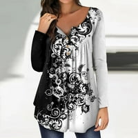Летна Женска Мода Обични Копчиња За Цвеќе Со Долги Ракави Печатење Врвна Блуза Со Пуловер Со Кружен Врат
