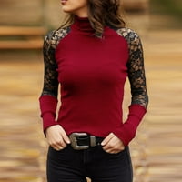 Женска Мода Половина Висок Врат Секси Чипка Шиење Со Долги Ракави Чиста Боја Пуловер Вино Црвена Големина