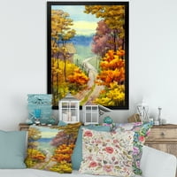 Дизајн на „Малиот пат низ живописна есенска сцена“ езерска куќа врамена уметничка печатење